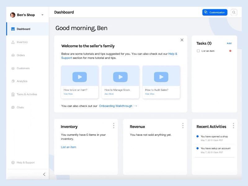 Drag & Drop customization dashboard seller ui ux ux design