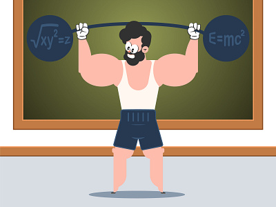 Mathematics exercices Cartoon character bodybuilder cartoon character exercices flat design humor illustration learning mathematics muscle school teacher