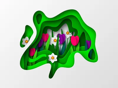 Spring floral composition. Papercraft layered art. 3d blossom bouquet craft curve floral layered leaves narcissus papercut seasonal shapes spring tulips vector
