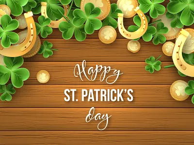 St. Patrick's day vector composition. 3d celebration charm clover coin golden holiday horseshoe leaves metallic patricks day saint shamrock st patricks vector wooden