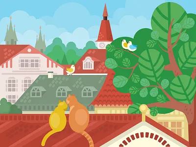 Prague bird birds buildings cats city morning prague roof roofs street tree