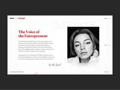 One Man Brand Radio // Main Page black branding brodcast business clean creativity desktop homepage layout main media minimal ui ux web website