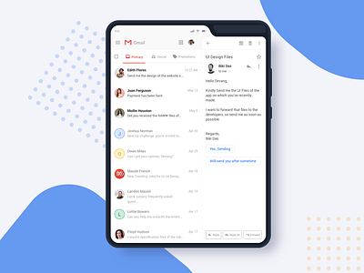 Gmail on Samsung Galaxy Fold (Rebound Shot) app exploration clean design dailyui design fold phone foldable phone galaxy fold gmail gmail app gmail design google design material design 2 materialdesign modern ui neat design samsung samsung galaxy ui ui designer uiux