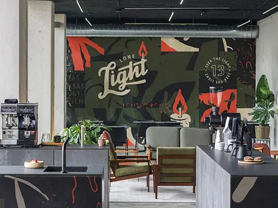 Lone Light Roasters Mural cafe coffee shop collage mural overlay pattern shapes