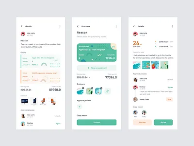 Purchasing and leave functions app green leave purchase ui