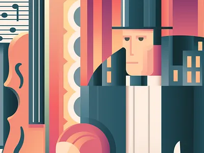 WIP: Elesz Kiervicz sketch to vector art deco bass city illustration instrument music restaurant suit suits top hat wip work in progress