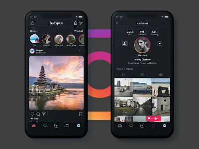 Instagram Dark Profile and Feed app app design avatars clean design flat instagram interaction interface like login page mobile social ui ui designer user experience user interface ux ux designer web