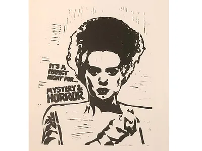 Bride of Frankenstein block print bride of frankenstein for sale linocut print printmaking reduction unique vintage