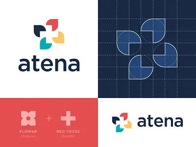 Atena - Logo Design blue brand identity branding clean construction cross design green grid health leaf logo minimal nature procreate red sketch wellbeing wellness yellow