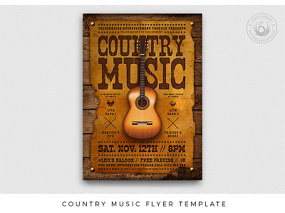 Country Music Flyer Template acoustic band bar club country cowboy festival flyer guitar leather live music party poster saloon template unplugged wanted western wood