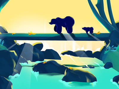 The way bear bg character design illustration scenery sunset sunsets vector waterfall