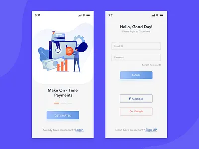 Payment Application Walkthrough and login blue and white branding clean creative designoweb designowebtechnologies gradient illustration login mobile app mobile app design payment app photoshop services typography uidesign uiux ux vector walkthrough