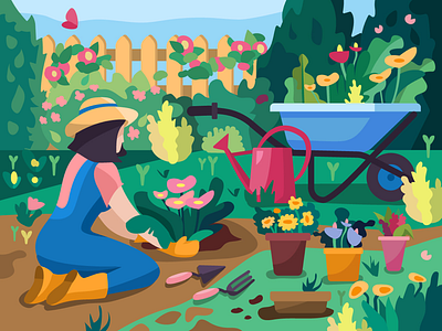 Girl loves flowers flat flowers garden gardening girl greens illustration nature summer vector