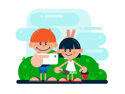 Boy Girl Selfie 2d 2d art art child childhood children childrens book design graphic art graphic design illustration iphone kindergarten phone selfie vector vector art
