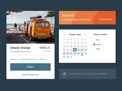 Siesta Campers UI Elements blue calendar cards clean dark ui orange typography ui