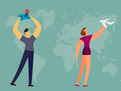 Easy air travel airlines airplane airport branding character earth flat flight flight app illustration illustrator man map travel travel agency woman world