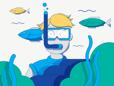 Underwater 2d 2d flat illustration blonde guy character character illustration clean flat geometric illustration ocean swimming swimming man underwater