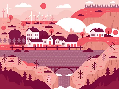 Illustration | Village on the Loch color colorful design doodle freelance fun illustration illustrator landscape landscapes scene scene illustration style vector water