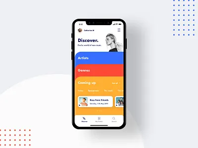 Discover | New Music App animation app apple audio blue card dashboard explore illustration iphone x minimal music music app music player orange pandora red spotify tickets ui
