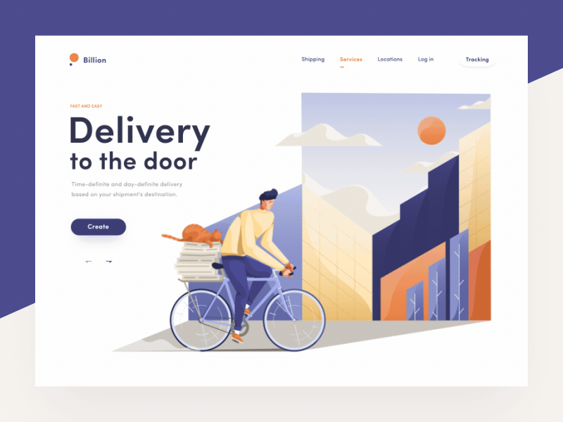 Billion delivery product page animation illustration animation bike blue building button cat homepage illustration interaction motion motion design orange productpage ride shape sky trees vector violet website