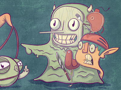 Food Fight 1 birds character characters color harmony dinner eyes fork illustrator meat safety style supper teeth texture wood