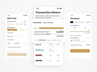 Shukran Sneak Peek checkout checkout form e commerce flat design flat ui gift cards loyalty mobile app rewards statements transactions ux