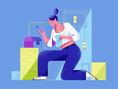 Escape room animation box character colorful escape room flat design illustration key motion mystery secret texture textured woman