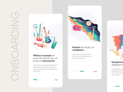 Music Onboarding Screen app branding clean creative design gradient design iconset illustration illustration art interface mobile modern music app onboarding screens typography uiux