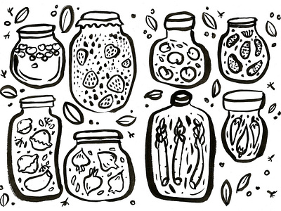 Grandma's pantry and home fermantation lab blackandwhite brush comfort food fermentation fermentation lab glass grandmother hand drawn illustration jar kompot pantry preservation slovak summer ukrainian vegetables