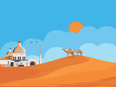 Camels on a Desert Humph animation animation 2d beauty camel camels clouds creative art creative illustration crow desert design hump mosque sky sun