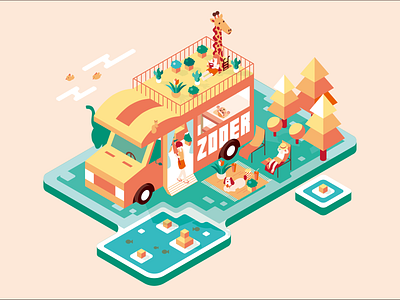 ZOOER animal bear camping car character design dog elephant forest giraffe illustration isometric isometric art motorhome pine plants squirrel tree vector