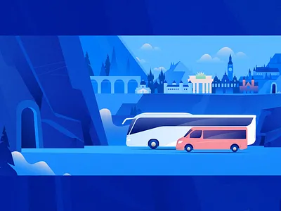 Global Express Illustration building bus cliff europe mountains old road tree tunnel vector vehicle