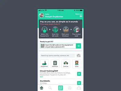 Pay As You Use gym app appui dailyui fitnessapp gym app health healthapp homescreen pay as you use ui userinterface ux