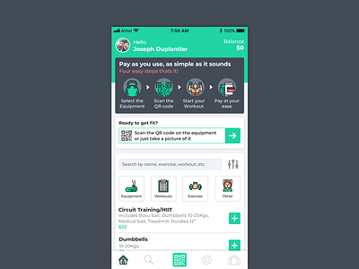 Pay As You Use gym app appui dailyui fitnessapp gym app health healthapp homescreen pay as you use ui userinterface ux