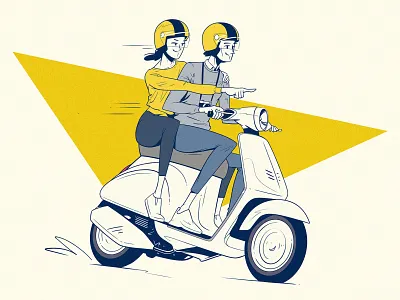 Journey 2d cartoon clean comic couple riding bike digital drawing flat fun linedrawing man on bike photoshop vespa bike vintage woman on bike