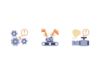 Factory accident break danger design factory flat gear icon icons illustration industry interrupt leak robot vector