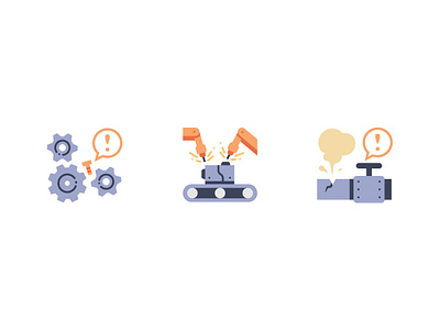 Factory accident break danger design factory flat gear icon icons illustration industry interrupt leak robot vector