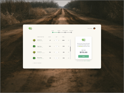 Treejer Checkout Wizard app blockchain cart checkout climate change design desktop environment forest minimal treejer trees ui ux web website wizard