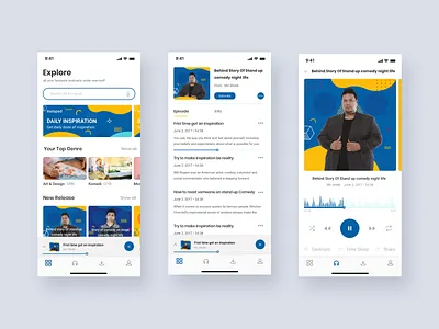 Podcast App - Homepage, Playlist, and Play Exploration clean aps inspigo ios apps music player podcast streaming aps ui ux white aps