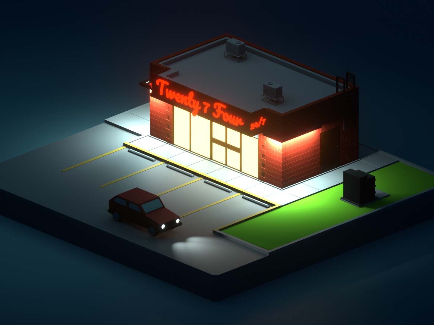 Example of Lowpoly 24/7 market. Night version 2