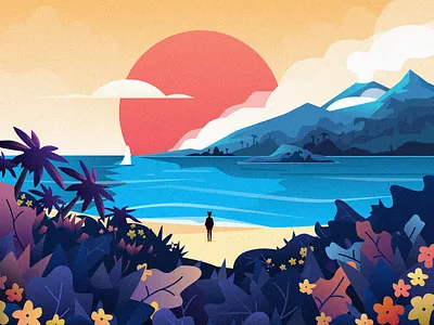 Sunset Beach beach cloud design flower grass illustration mountain people sailboat sea sky sun tree