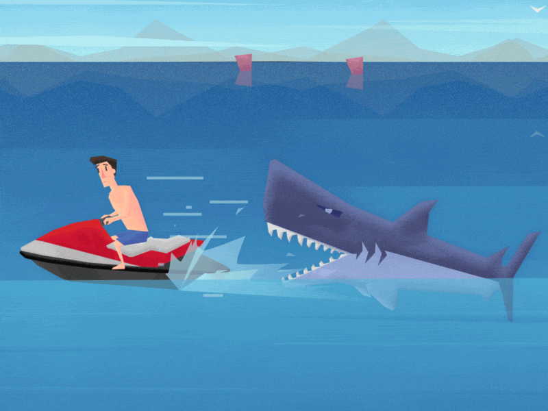 Shark chase 2d aftereffects animation character character animation chase flat gif illustration loop motion sea shark summer summertime vector watercraft
