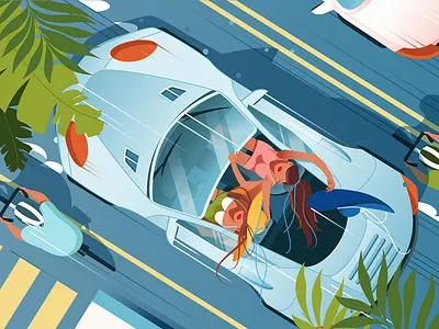 Friends in cabriolet car on vacation adventure car company flat holiday illustration journey kit8 travel vector vehicle