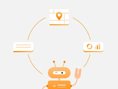 Robot ai app charts chatbot computer data design flat illustraion location robot software software development startup tasks ui ux vector web work