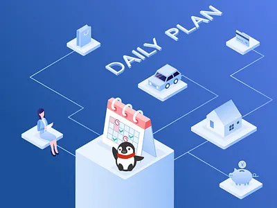 Blue Illustration of Banner 2.5d bank bank card blue calendar car card coin house ilustration isometric piggy bank shopping bag women