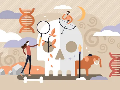Anthropology ancestors ancient anthropology archaeology concept culture dna education explore flat history human paleolithic persons prehistoric science skull tiny world