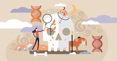 Anthropology ancestors ancient anthropology archaeology concept culture dna education explore flat history human paleolithic persons prehistoric science skull tiny world