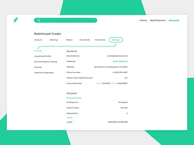 Robinhood Light figma green minimal redesign robinhood settings web white