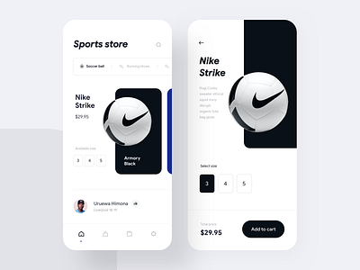 Sports equipment shop - Mobile App UI app store cart e commerce ecommerce ecommerce app football app minimal ui mobile app design nike app shop ui sports app sports store store app store ui