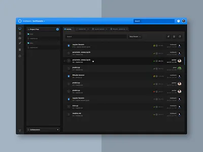 Workbench dark dashboard data file manager notebook product science tabs ui ux